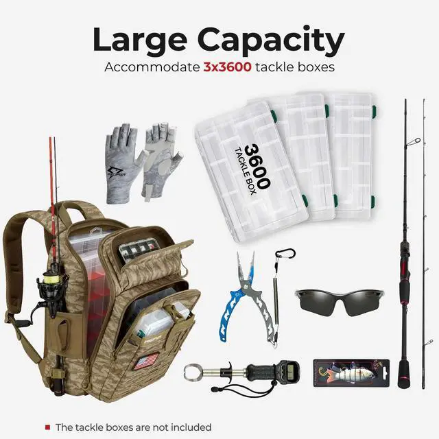 Alt view image 5 of 6 - Fishing Tackle Backpack with Rod & Gear Holder, Lightweight Outdoor Water-Resistant Fishing Shoulder Storage Bag with Protective Rain Cover, Khaki Camouflage