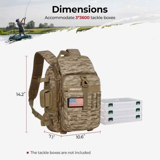 Alt view image 6 of 6 - Fishing Tackle Backpack with Rod & Gear Holder, Lightweight Outdoor Water-Resistant Fishing Shoulder Storage Bag with Protective Rain Cover, Khaki Camouflage