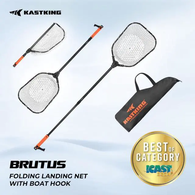 Alt view image 2 of 7 - Brutus Folding Landing Net with Boat Hook, Foldable, Extendable, Lightweight & Strong, Multi-Functional Built-in Boat Hook, Non-Slip & Bright Orange TPR Handle, Two Nets Options