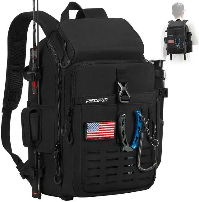 Main image of Fishing Tackle Backpack with Rod & Gear Holder, Lightweight Outdoor Water-Resistant Fishing Shoulder Storage Bag with Protective Rain Cover, Black