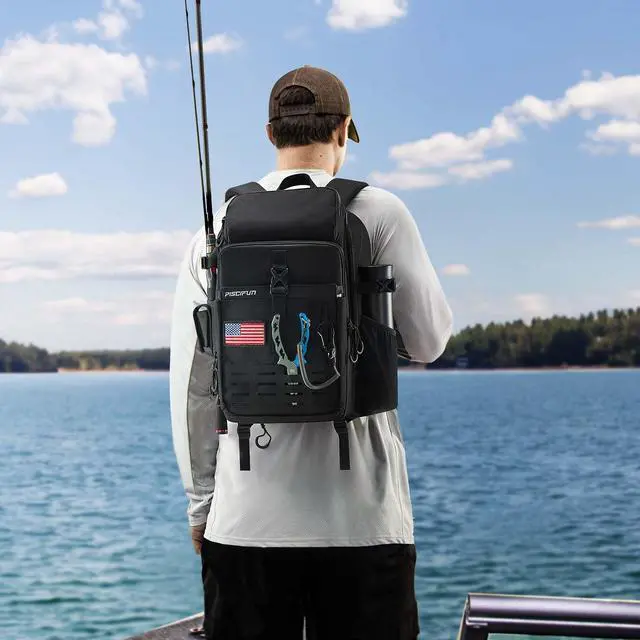 Alt view image 2 of 7 - Fishing Tackle Backpack with Rod & Gear Holder, Lightweight Outdoor Water-Resistant Fishing Shoulder Storage Bag with Protective Rain Cover, Black