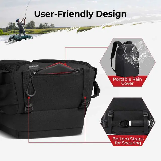 Alt view image 4 of 7 - Fishing Tackle Backpack with Rod & Gear Holder, Lightweight Outdoor Water-Resistant Fishing Shoulder Storage Bag with Protective Rain Cover, Black