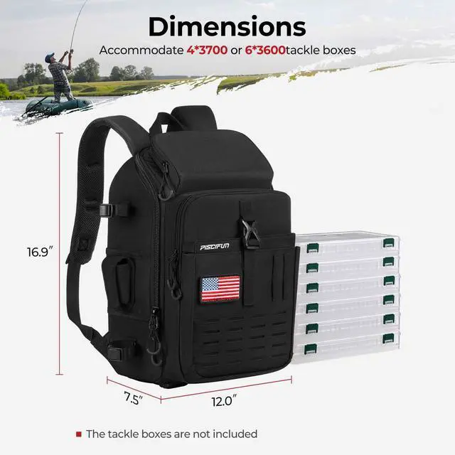 Alt view image 6 of 7 - Fishing Tackle Backpack with Rod & Gear Holder, Lightweight Outdoor Water-Resistant Fishing Shoulder Storage Bag with Protective Rain Cover, Black