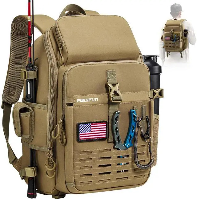 Main image of Fishing Tackle Backpack with Rod & Gear Holder, Lightweight Outdoor Water-Resistant Fishing Shoulder Storage Bag with Protective Rain Cover, Khaki