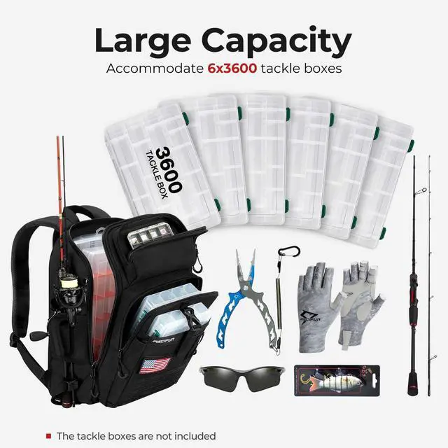 Alt view image 7 of 7 - Fishing Tackle Backpack with Rod & Gear Holder, Lightweight Outdoor Water-Resistant Fishing Shoulder Storage Bag with Protective Rain Cover, Black