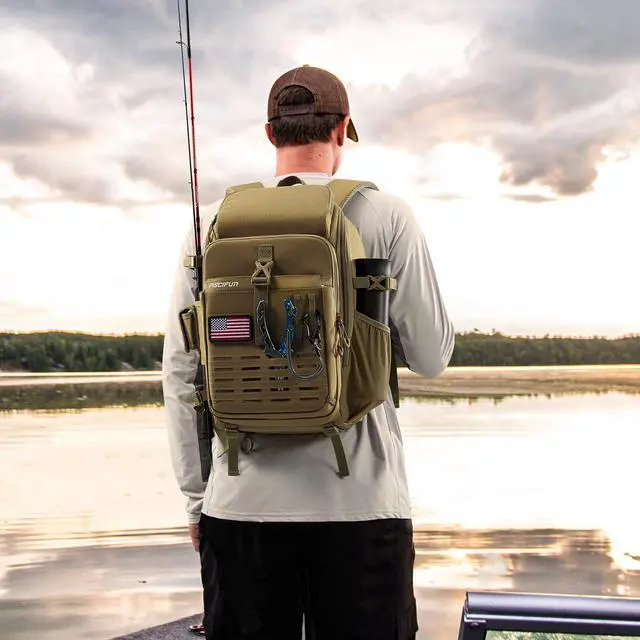 Alt view image 2 of 7 - Fishing Tackle Backpack with Rod & Gear Holder, Lightweight Outdoor Water-Resistant Fishing Shoulder Storage Bag with Protective Rain Cover, Khaki