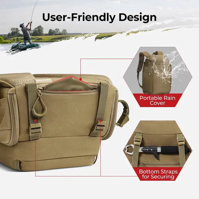 Alt view image 5 of 7 - Fishing Tackle Backpack with Rod & Gear Holder, Lightweight Outdoor Water-Resistant Fishing Shoulder Storage Bag with Protective Rain Cover, Khaki