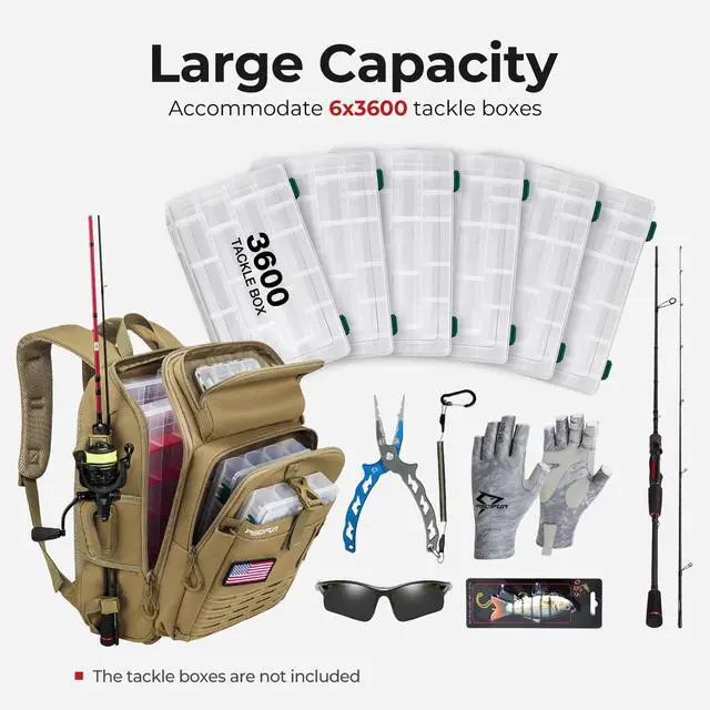 Alt view image 6 of 7 - Fishing Tackle Backpack with Rod & Gear Holder, Lightweight Outdoor Water-Resistant Fishing Shoulder Storage Bag with Protective Rain Cover, Khaki