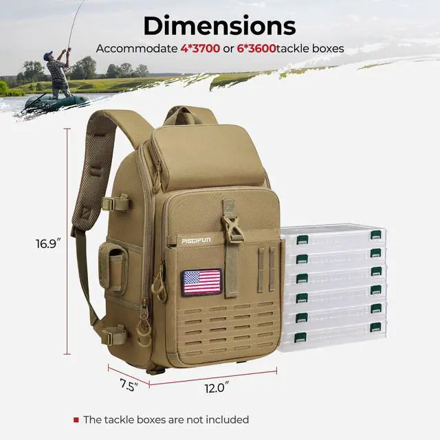 Alt view image 7 of 7 - Fishing Tackle Backpack with Rod & Gear Holder, Lightweight Outdoor Water-Resistant Fishing Shoulder Storage Bag with Protective Rain Cover, Khaki