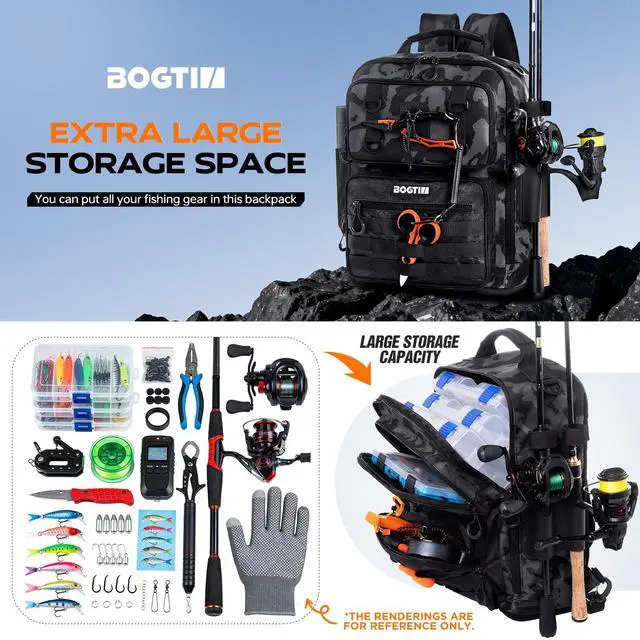 Alt view image 4 of 7 - Fishing Backpack with Tackle Boxes and Rod Holders, Fishing Bag with Fishing Lure Kit Water-resistant Sling Tackle Bag Store Gear and Equipment, Bait Gifts for Men Woman Anglers-Black Camo Backpack