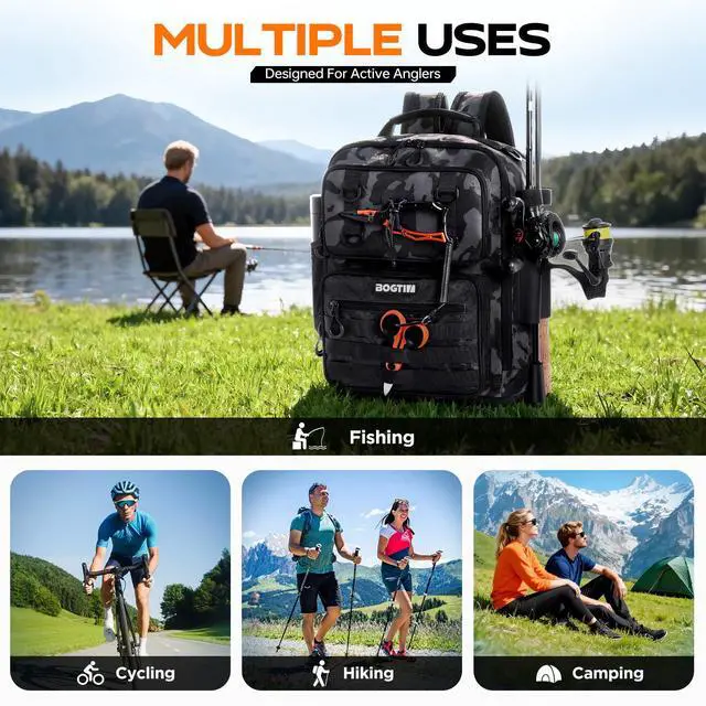 Alt view image 7 of 7 - Fishing Backpack with Tackle Boxes and Rod Holders, Fishing Bag with Fishing Lure Kit Water-resistant Sling Tackle Bag Store Gear and Equipment, Bait Gifts for Men Woman Anglers-Black Camo Backpack