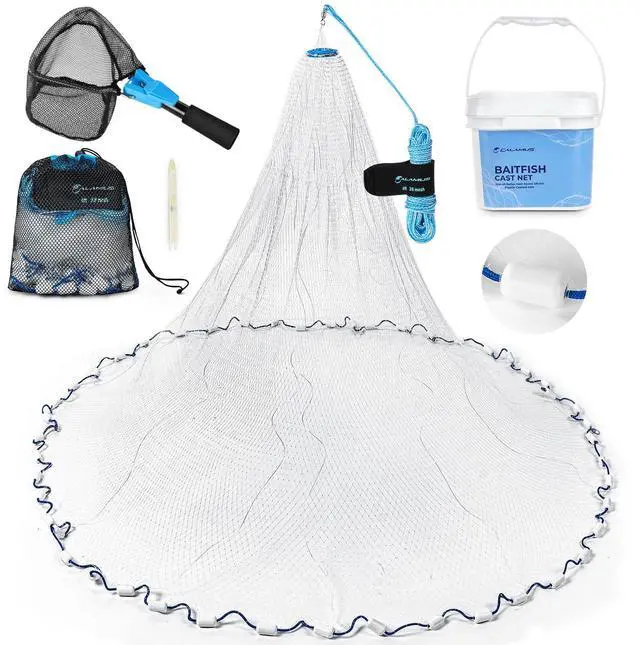 Main image of Cast Net 3/8" Mesh for Freshwater and Saltwater, 3ft-6ft Radius Casting Nets with Heavy-Duty Sinking Nylon Line, Mesh Storage Bag & Storage Bucket & Net Repair Kit