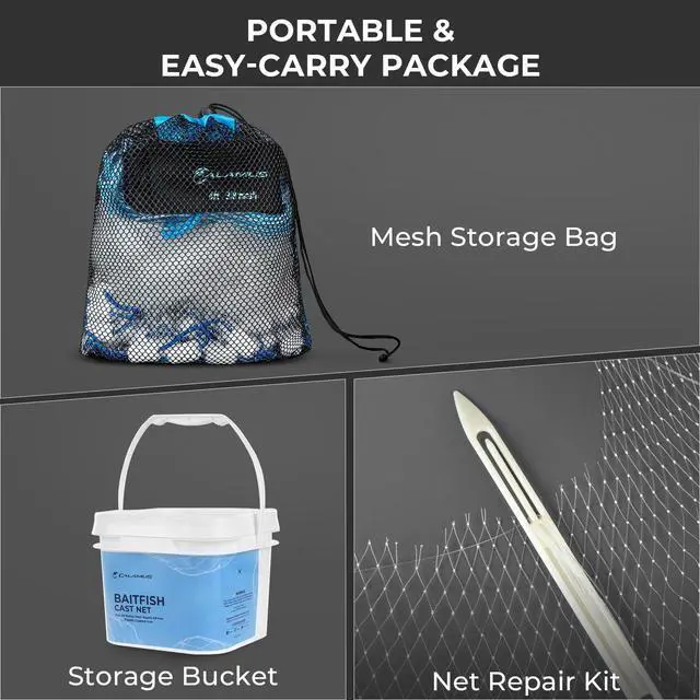 Alt view image 6 of 7 - Cast Net 3/8" Mesh for Freshwater and Saltwater, 3ft-6ft Radius Casting Nets with Heavy-Duty Sinking Nylon Line, Mesh Storage Bag & Storage Bucket & Net Repair Kit