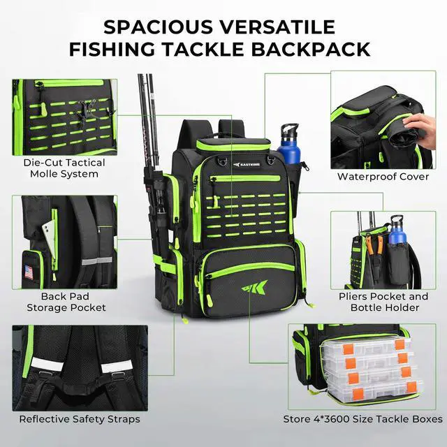 Alt view image 3 of 7 - Bait Boss Fishing Tackle Backpack with Rod Holders-4 Tackle Boxes-Rain Cover,Storage for Fishing Gear