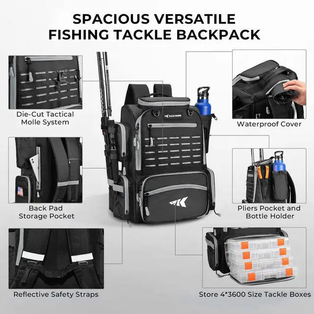 Alt view image 3 of 6 - Bait Boss Fishing Tackle Backpack with Rod Holders-4 Tackle Boxes-Rain Cover,Storage for Fishing Gear