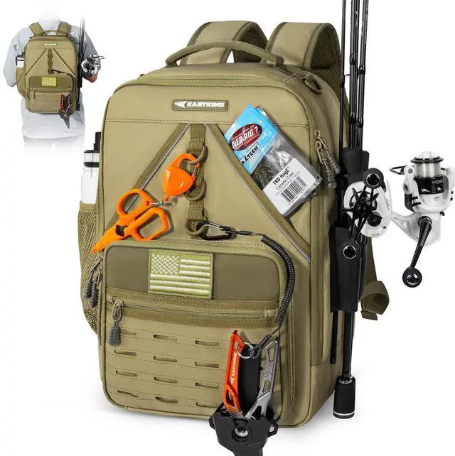 Main image of KarryAll KastMate Fishing Tackle Backpack,Water-Resistant Tackle Bag With 2 Rod Holders,Fishing Gear and Equipment With Large Gear Storage,Khaki