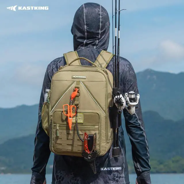 Alt view image 2 of 7 - KarryAll KastMate Fishing Tackle Backpack,Water-Resistant Tackle Bag With 2 Rod Holders,Fishing Gear and Equipment With Large Gear Storage,Khaki