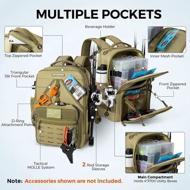 Alt view image 3 of 7 - KarryAll KastMate Fishing Tackle Backpack,Water-Resistant Tackle Bag With 2 Rod Holders,Fishing Gear and Equipment With Large Gear Storage,Khaki