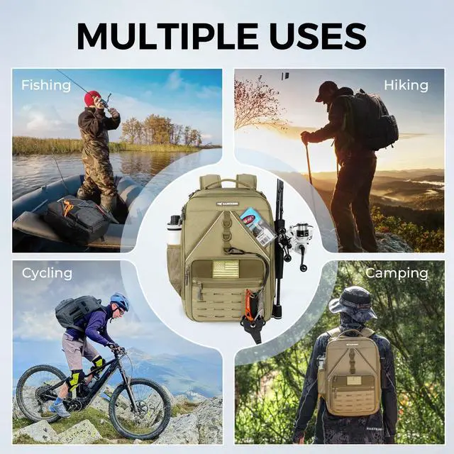 Alt view image 7 of 7 - KarryAll KastMate Fishing Tackle Backpack,Water-Resistant Tackle Bag With 2 Rod Holders,Fishing Gear and Equipment With Large Gear Storage,Khaki