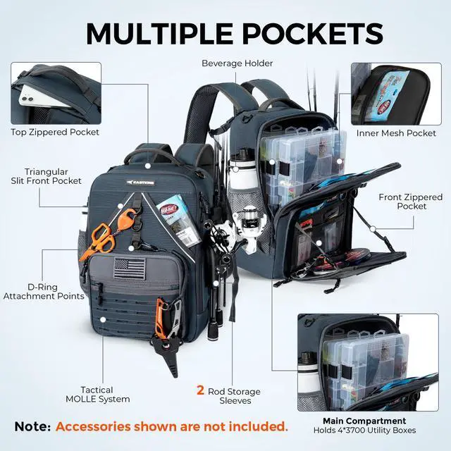 Alt view image 3 of 7 - KarryAll KastMate Fishing Tackle Backpack,Water-Resistant Tackle Bag With 2 Rod Holders,Fishing Gear and Equipment With Large Gear Storage,Dark Gray