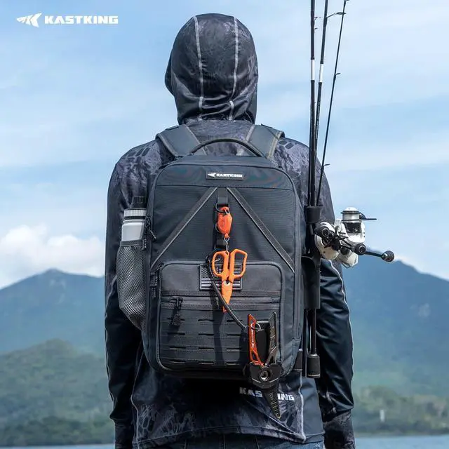Alt view image 2 of 7 - KarryAll KastMate Fishing Tackle Backpack,Water-Resistant Tackle Bag With 2 Rod Holders,Fishing Gear and Equipment With Large Gear Storage,Dark Gray