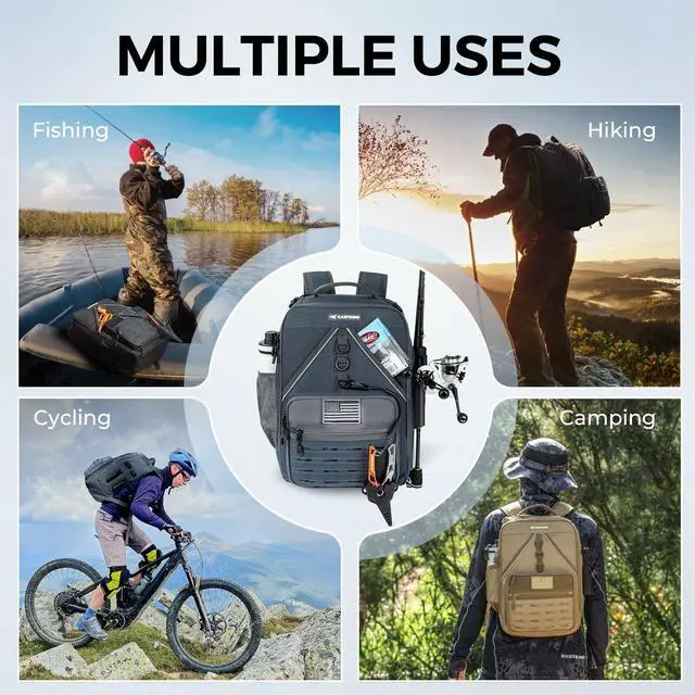 Alt view image 7 of 7 - KarryAll KastMate Fishing Tackle Backpack,Water-Resistant Tackle Bag With 2 Rod Holders,Fishing Gear and Equipment With Large Gear Storage,Dark Gray