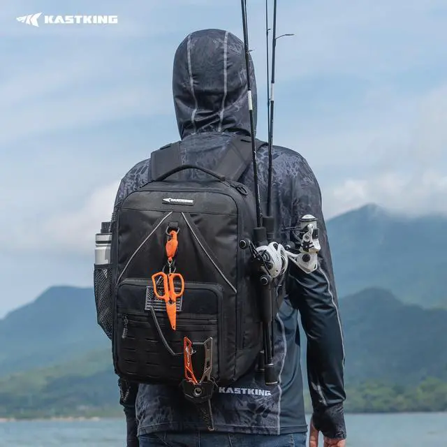 Alt view image 2 of 7 - KarryAll KastMate Fishing Tackle Backpack,Water-Resistant Tackle Bag With 2 Rod Holders,Fishing Gear and Equipment With Large Gear Storage,Black