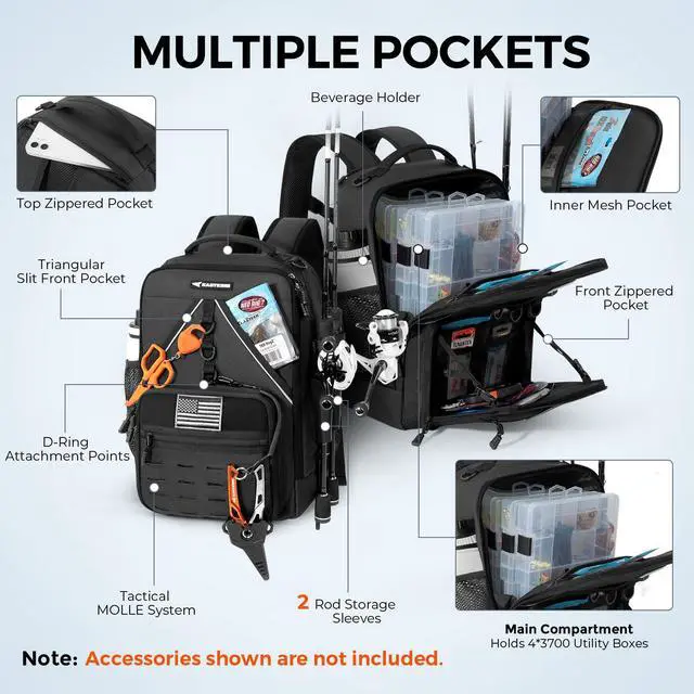 Alt view image 3 of 7 - KarryAll KastMate Fishing Tackle Backpack,Water-Resistant Tackle Bag With 2 Rod Holders,Fishing Gear and Equipment With Large Gear Storage,Black