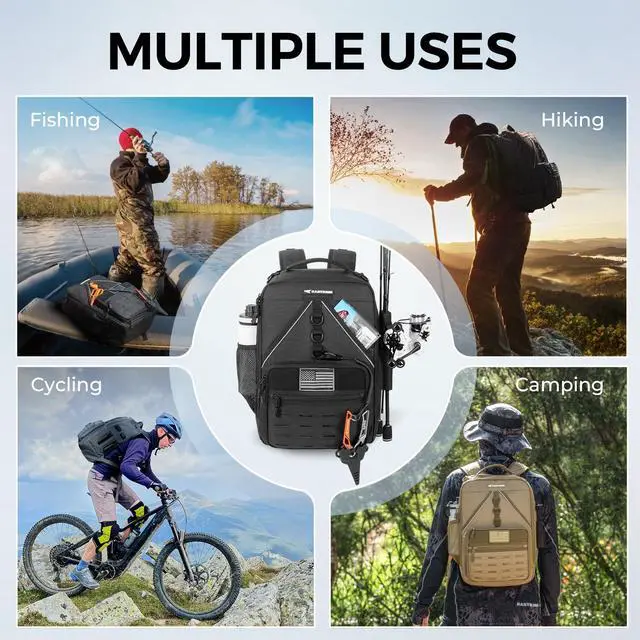 Alt view image 7 of 7 - KarryAll KastMate Fishing Tackle Backpack,Water-Resistant Tackle Bag With 2 Rod Holders,Fishing Gear and Equipment With Large Gear Storage,Black