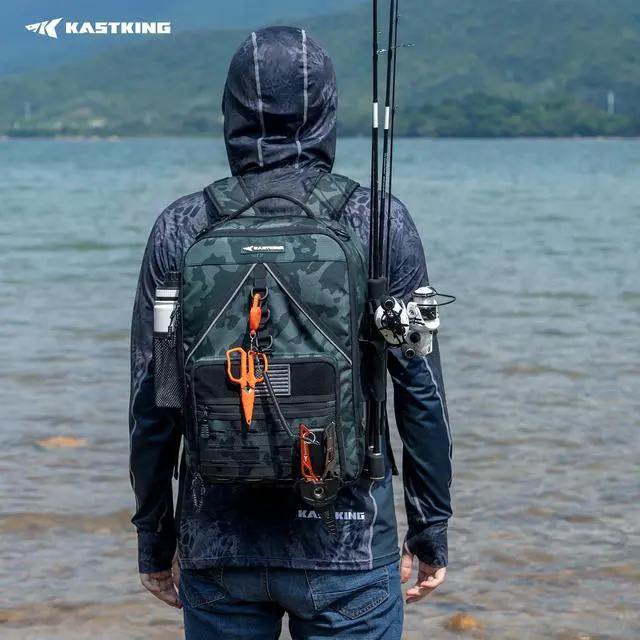 Alt view image 2 of 7 - KarryAll KastMate Fishing Tackle Backpack,Water-Resistant Tackle Bag With 2 Rod Holders,Fishing Gear and Equipment With Large Gear Storage,Black Camo