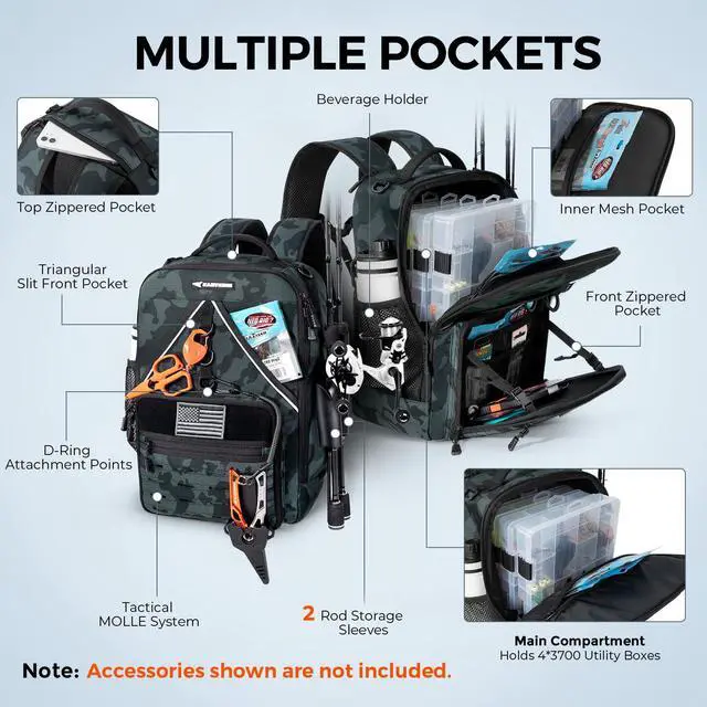 Alt view image 3 of 7 - KarryAll KastMate Fishing Tackle Backpack,Water-Resistant Tackle Bag With 2 Rod Holders,Fishing Gear and Equipment With Large Gear Storage,Black Camo