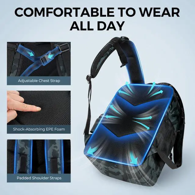 Alt view image 4 of 7 - KarryAll KastMate Fishing Tackle Backpack,Water-Resistant Tackle Bag With 2 Rod Holders,Fishing Gear and Equipment With Large Gear Storage,Black Camo