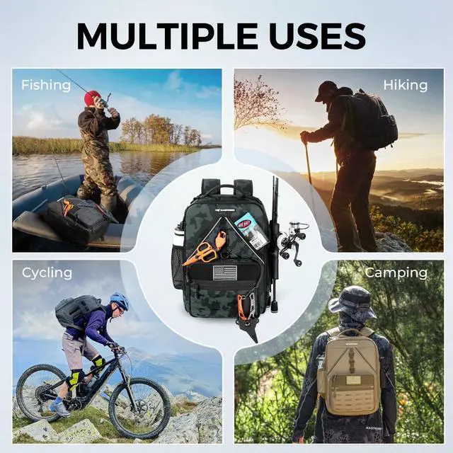 Alt view image 7 of 7 - KarryAll KastMate Fishing Tackle Backpack,Water-Resistant Tackle Bag With 2 Rod Holders,Fishing Gear and Equipment With Large Gear Storage,Black Camo