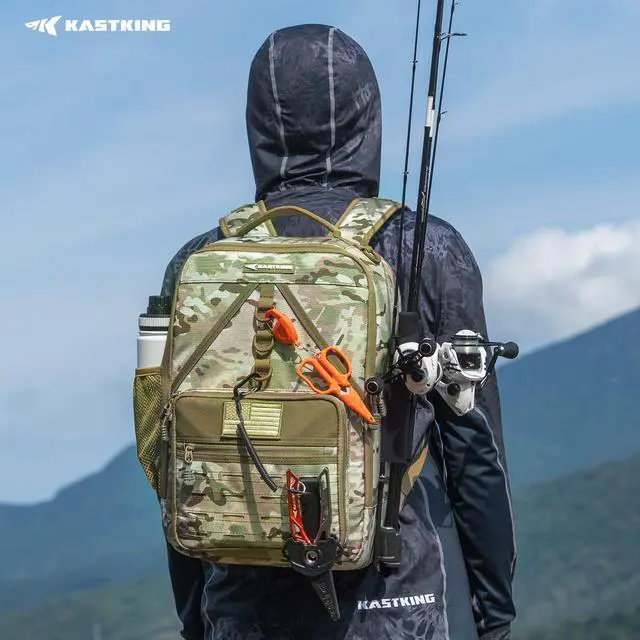 Alt view image 2 of 7 - KarryAll KastMate Fishing Tackle Backpack,Water-Resistant Tackle Bag With 2 Rod Holders,Fishing Gear and Equipment With Large Gear Storage,Khaki Camo