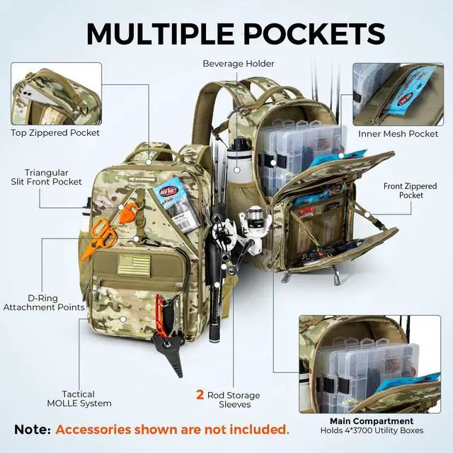 Alt view image 3 of 7 - KarryAll KastMate Fishing Tackle Backpack,Water-Resistant Tackle Bag With 2 Rod Holders,Fishing Gear and Equipment With Large Gear Storage,Khaki Camo