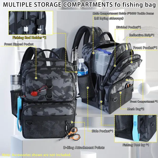 Alt view image 2 of 7 - Fishing Backpack with Tackle Boxes and Rod Holder, 24L Fishing Sling Bag with Fishing Lures Kit, Fishing Gear Bag Gifts for Men Women - Camo Black Backpack