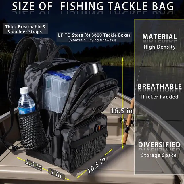 Alt view image 5 of 7 - Fishing Backpack with Tackle Boxes and Rod Holder, 24L Fishing Sling Bag with Fishing Lures Kit, Fishing Gear Bag Gifts for Men Women - Camo Black Backpack