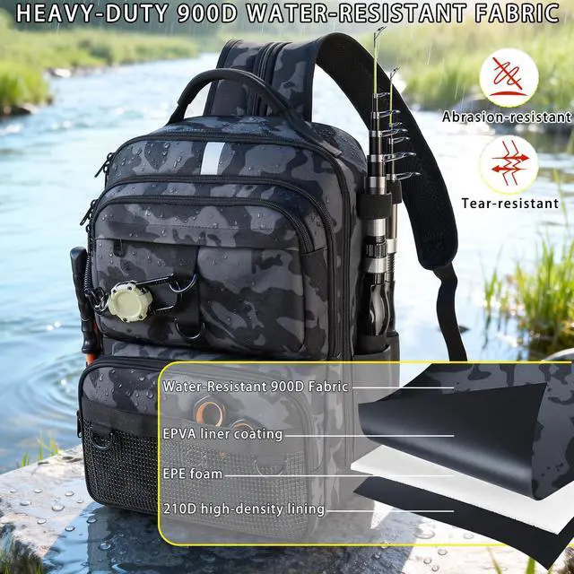 Alt view image 6 of 7 - Fishing Backpack with Tackle Boxes and Rod Holder, 24L Fishing Sling Bag with Fishing Lures Kit, Fishing Gear Bag Gifts for Men Women - Camo Black Backpack