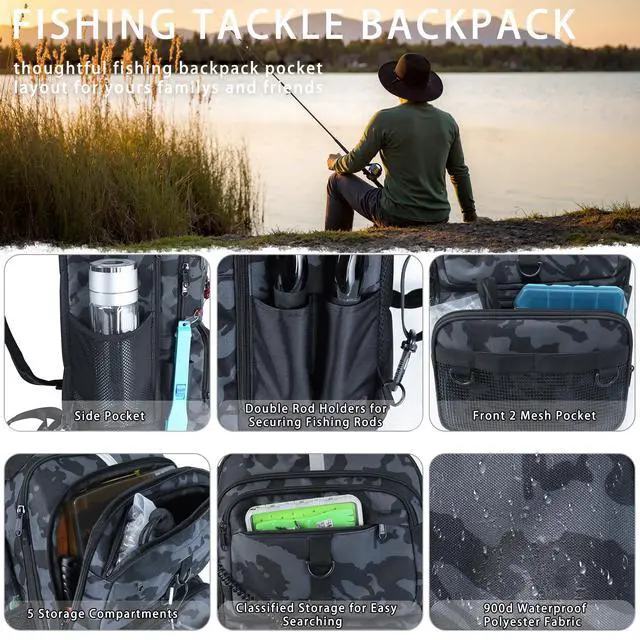 Alt view image 7 of 7 - Fishing Backpack with Tackle Boxes and Rod Holder, 24L Fishing Sling Bag with Fishing Lures Kit, Fishing Gear Bag Gifts for Men Women - Camo Black Backpack