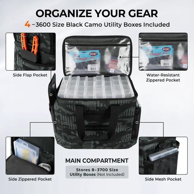 Alt view image 4 of 7 - BaitSpace Fishing Tackle Bag With 4 Tackle Boxes & Removable Bait Binder, Water-Resistant Tackle Storage, Durable Fishing Gear, Adjustable Shoulder Strap