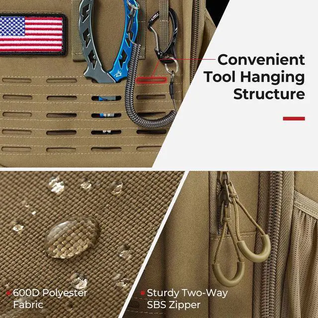 Alt view image 4 of 7 - Fishing Tackle Backpack with Rod & Gear Holder, Lightweight Outdoor Water-Resistant Fishing Shoulder Storage Bag with Protective Rain Cover, Khaki