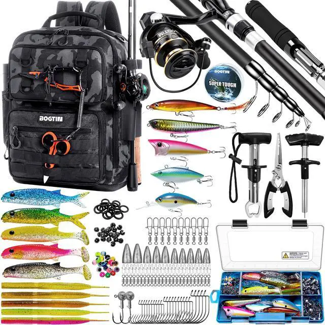 Main image of Fishing Backpack with Tackle Boxes and Rod Holders, Fishing Bag with Fishing Lure Kit Water-resistant Sling Tackle Bag Store Gear and Equipment, Bait Gifts for Men Woman Anglers-Black Camo Backpack