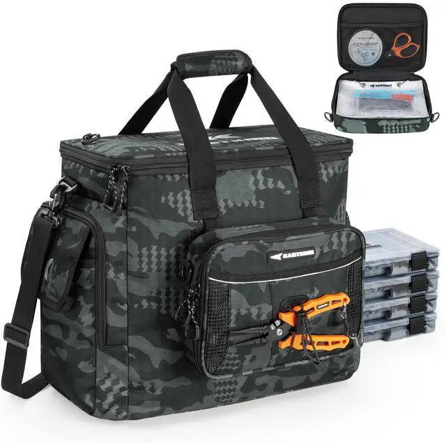 Main image of BaitSpace Fishing Tackle Bag With 4 Tackle Boxes & Removable Bait Binder, Water-Resistant Tackle Storage, Durable Fishing Gear, Adjustable Shoulder Strap