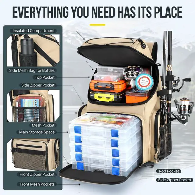 Alt view image 4 of 7 - Cooler Fishing Backpack with Rod Holders 45L Large Water-resistant Fishing Tackle bag Store Fishing Gear Fishing Gifts for Men Father