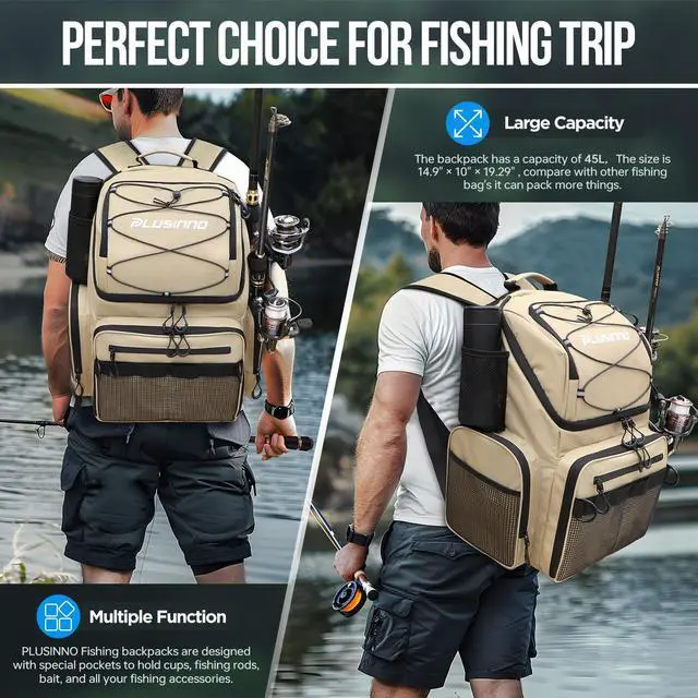 Alt view image 7 of 7 - Cooler Fishing Backpack with Rod Holders 45L Large Water-resistant Fishing Tackle bag Store Fishing Gear Fishing Gifts for Men Father