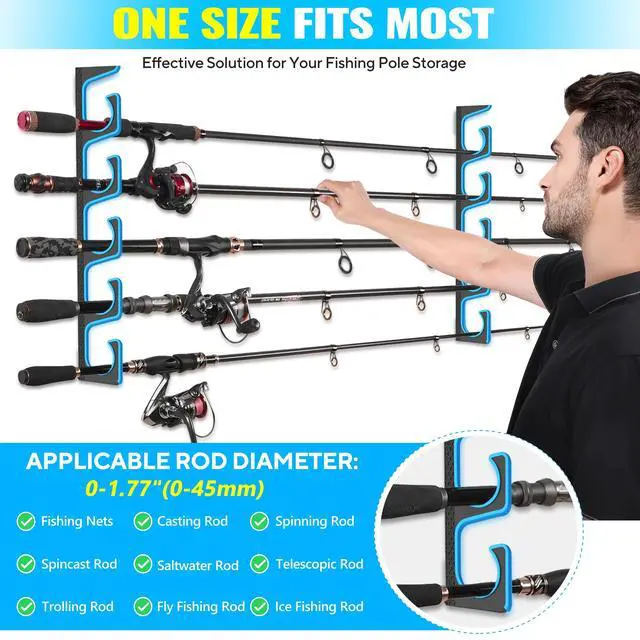 Alt view image 5 of 7 - H5P Fishing Rod/Pole Holders for Garage, Wall or Ceiling Mounted Fishing Rod Holder with Soft Protective Pad, Fishing Rod Storage Organizer Holds up to 5/10/20 Rod or Combos or Nets