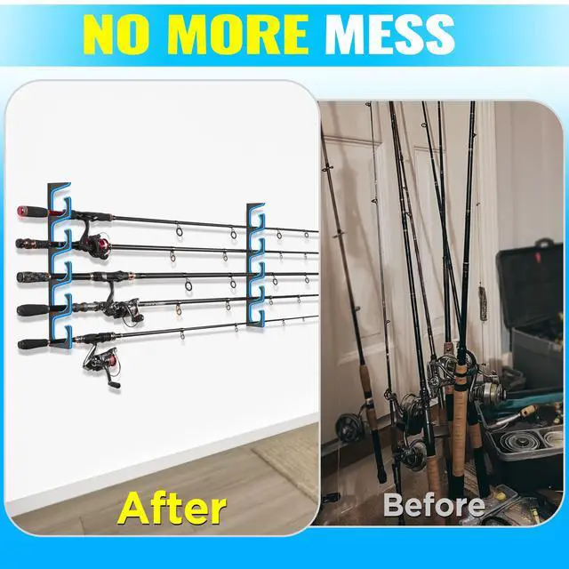 Alt view image 7 of 7 - H5P Fishing Rod/Pole Holders for Garage, Wall or Ceiling Mounted Fishing Rod Holder with Soft Protective Pad, Fishing Rod Storage Organizer Holds up to 5/10/20 Rod or Combos or Nets