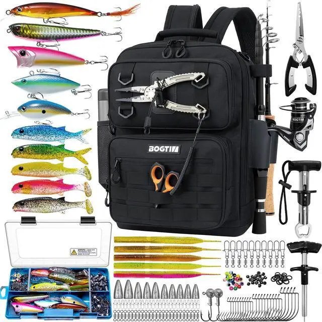 Main image of Fishing Backpack with Tackle Boxes and Rod Holders, Fishing Bag wtih Fishing Lure Kit Water-resistant Sling Tackle Bag Store Gear and Equipment, Bait Gifts for Men Woman Anglers-Dark Black Backpack