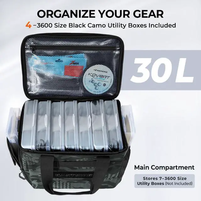 Alt view image 3 of 7 - BaitSpace Fishing Tackle Bag With 4 Tackle Boxes & Removable Bait Binder, Water-Resistant Tackle Storage, Durable Fishing Gear, Adjustable Shoulder Strap