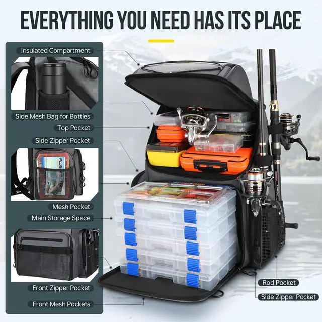 Alt view image 4 of 7 - Cooler Fishing Backpack with Rod Holders 45L Large Water-resistant Fishing Tackle bag Store Fishing Gear Fishing Gifts for Men Father